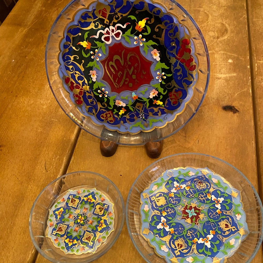 Vintage Handpainted Turkish Glass Plates, Set of 3